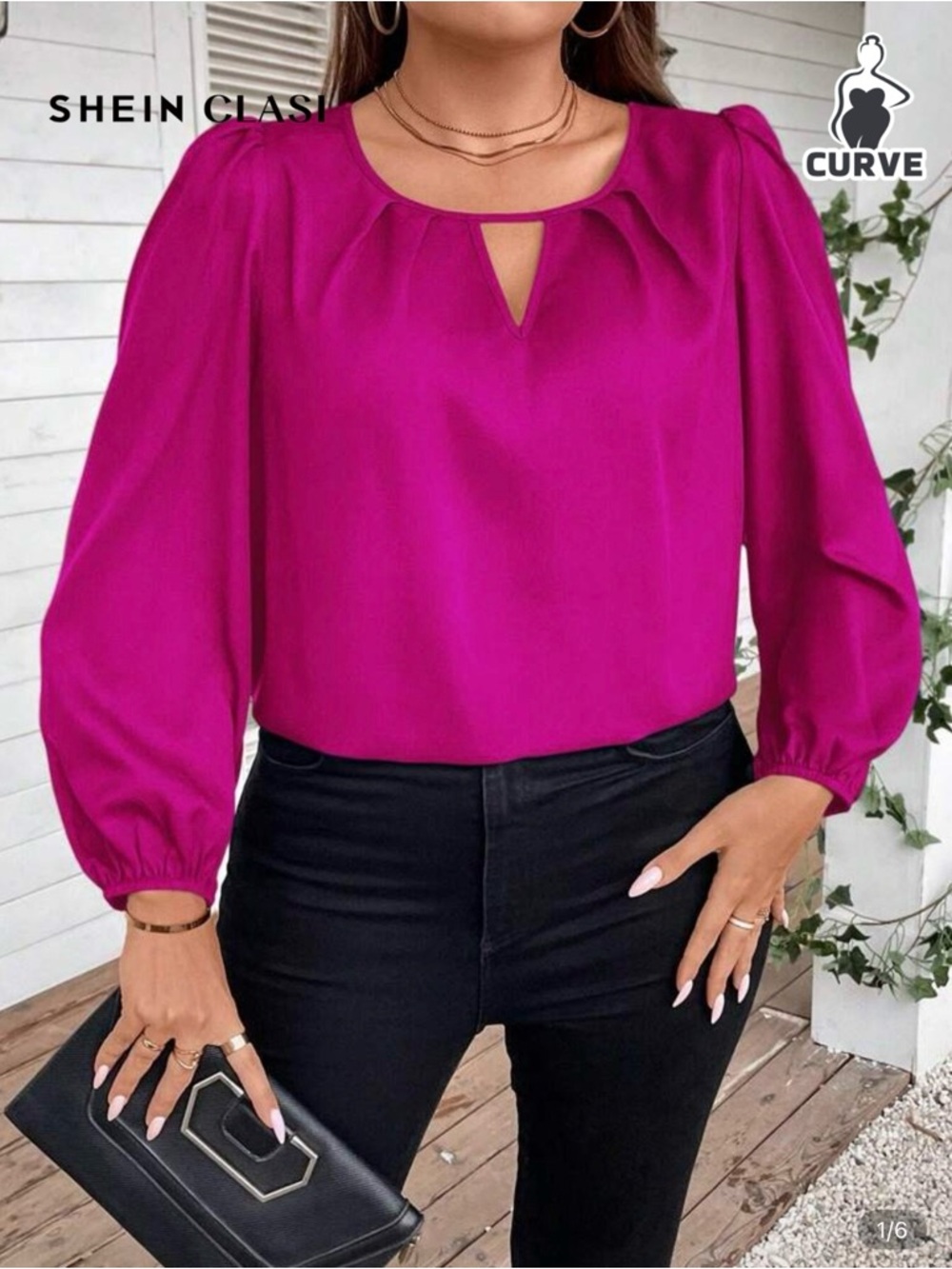 SHEIN Fuchsia Keyhole Puff-Sleeve Blouse